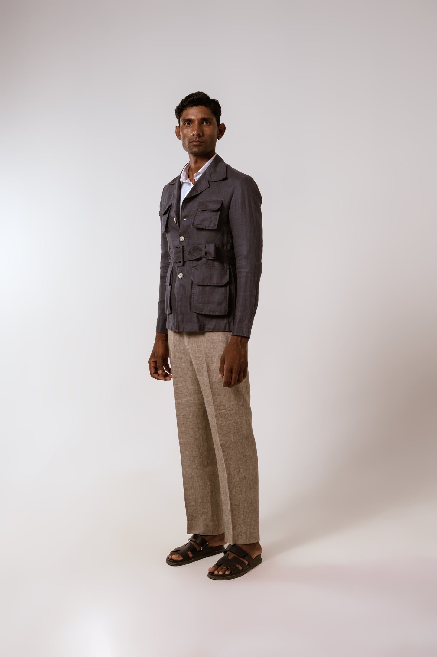 Belted Safari In Blue Linen