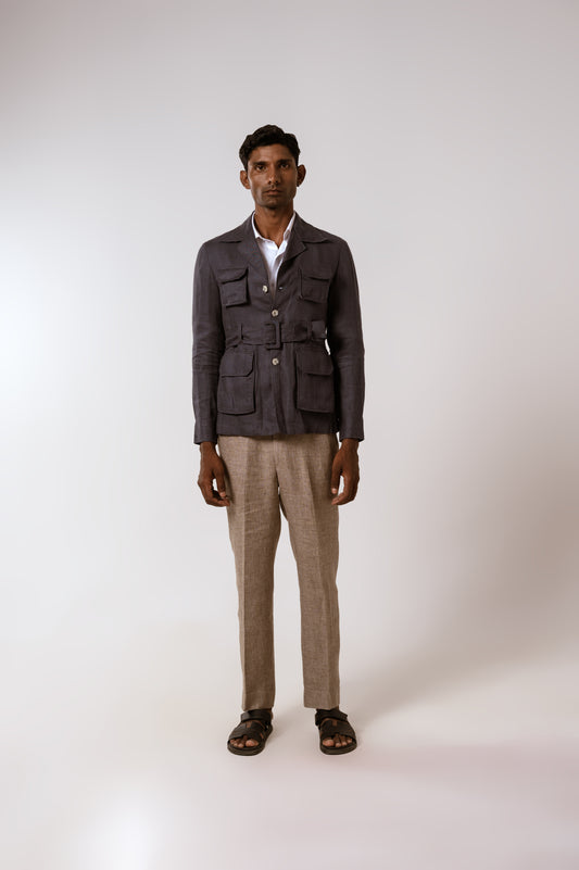 Belted Safari In Blue Linen