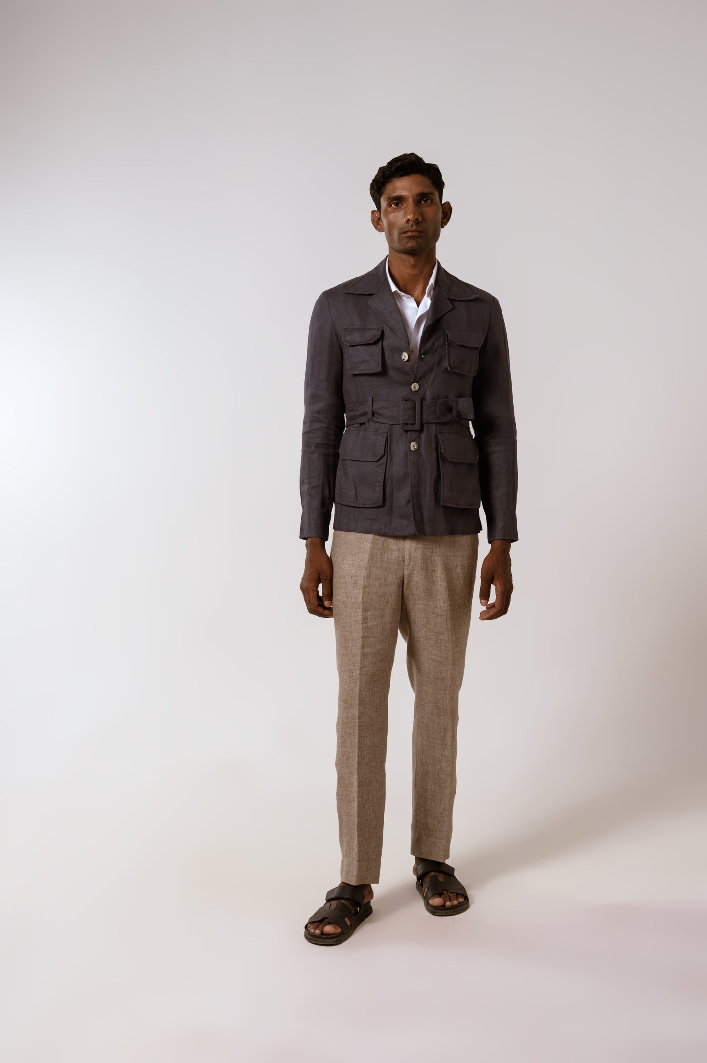 Belted Safari In Blue Linen