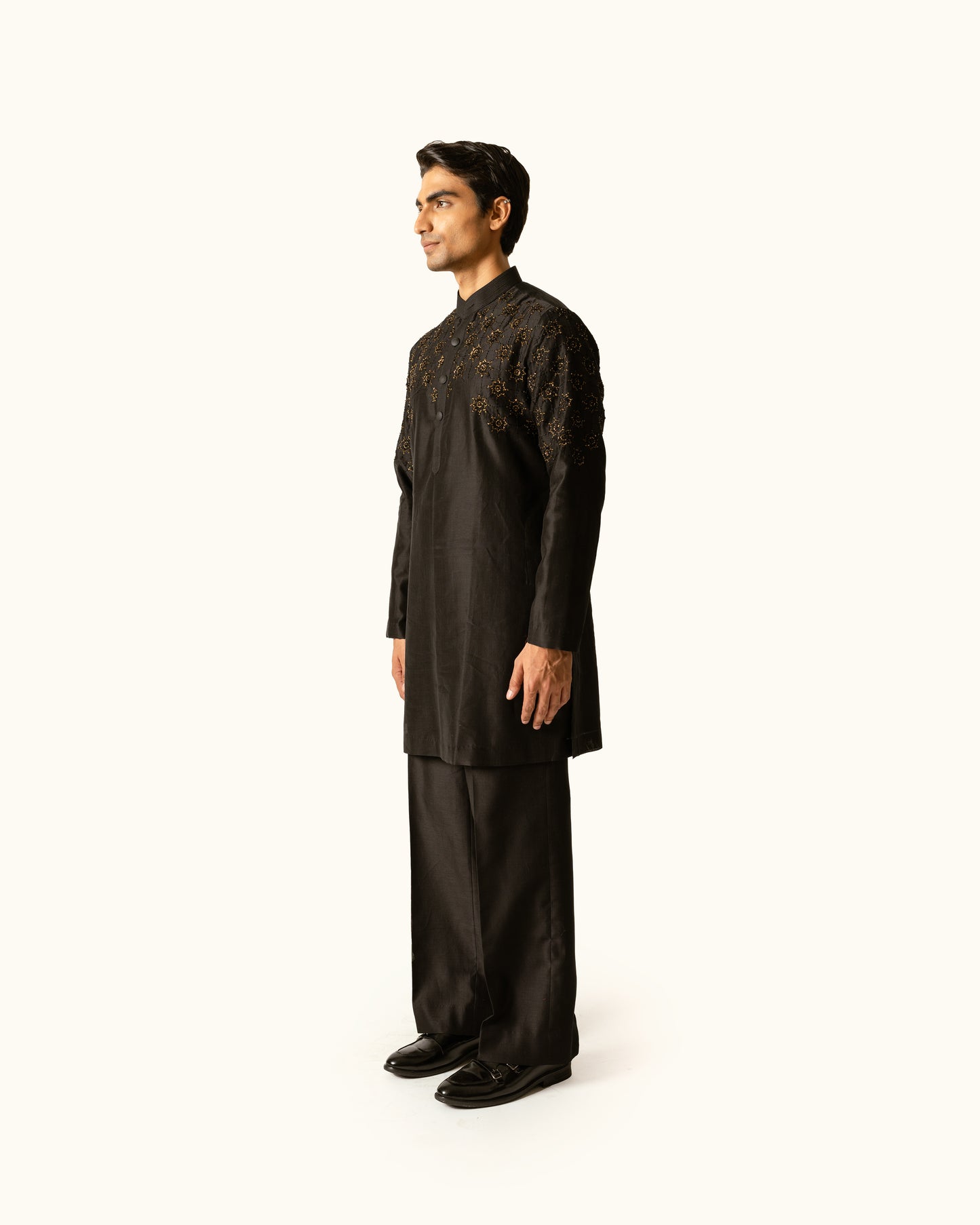 Black Embroidered Kurta Set in Chanderi Silk