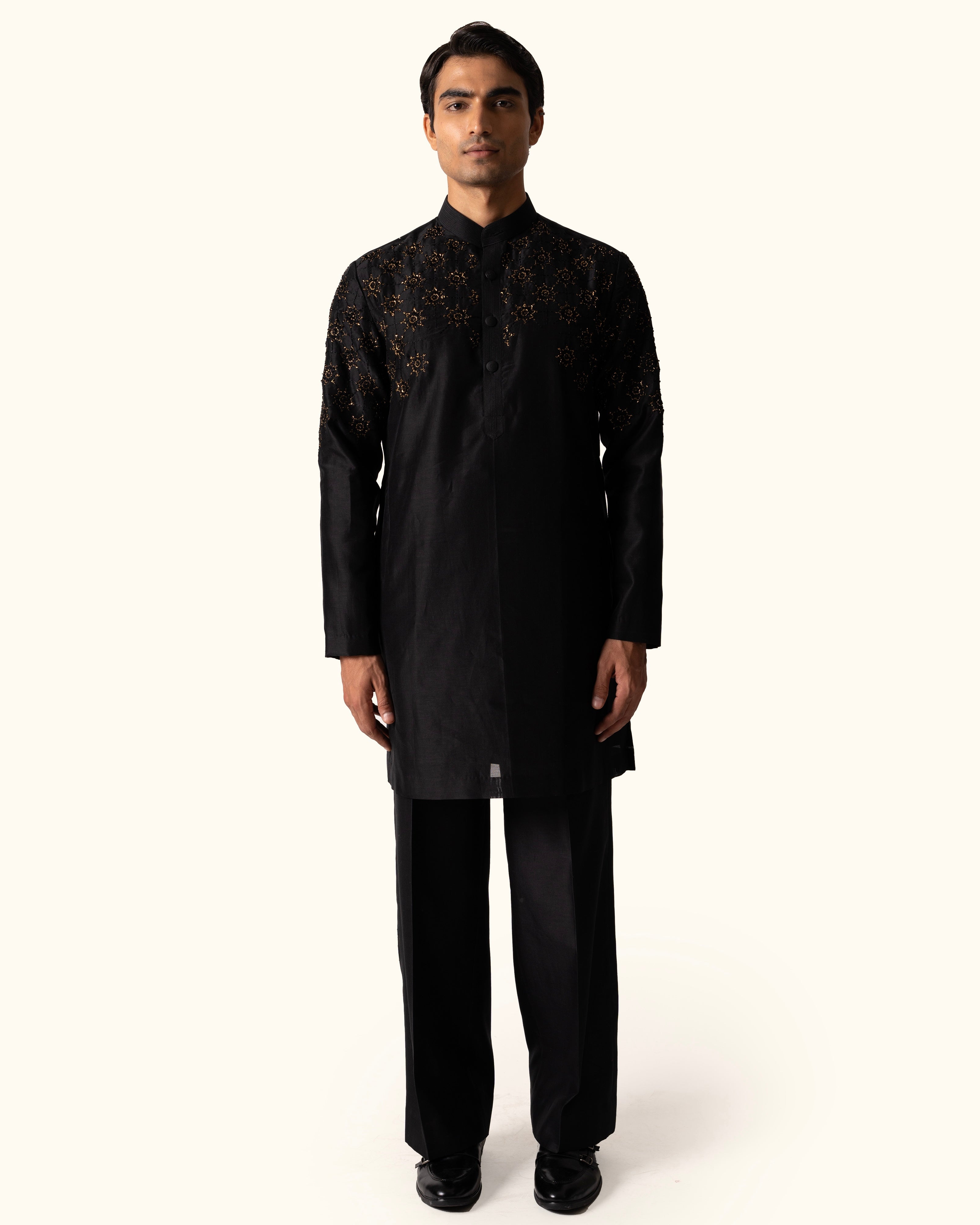 Black Embroidered Kurta Set in Chanderi Silk