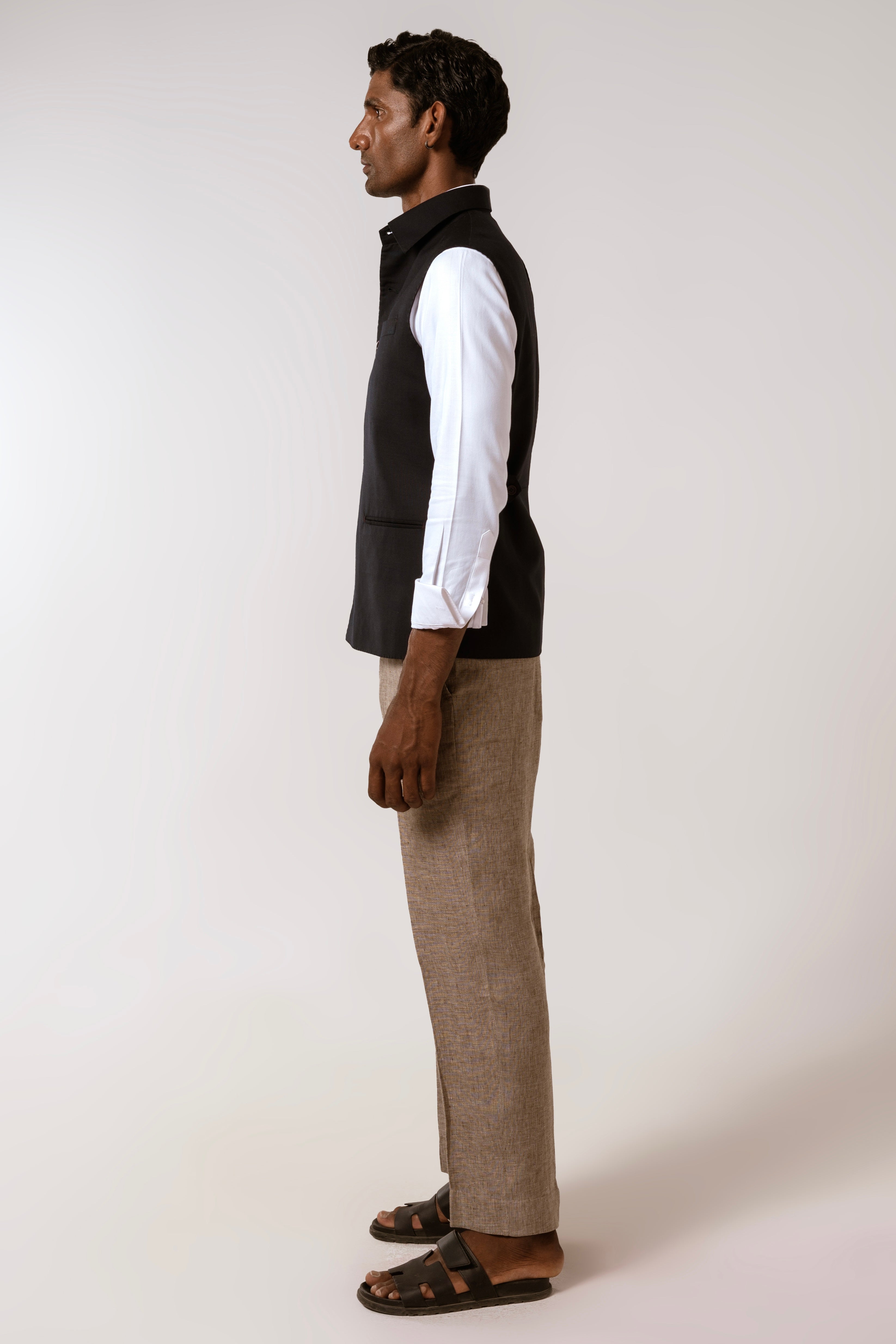 Collared Sadri In Navy Blue Tropical Wool