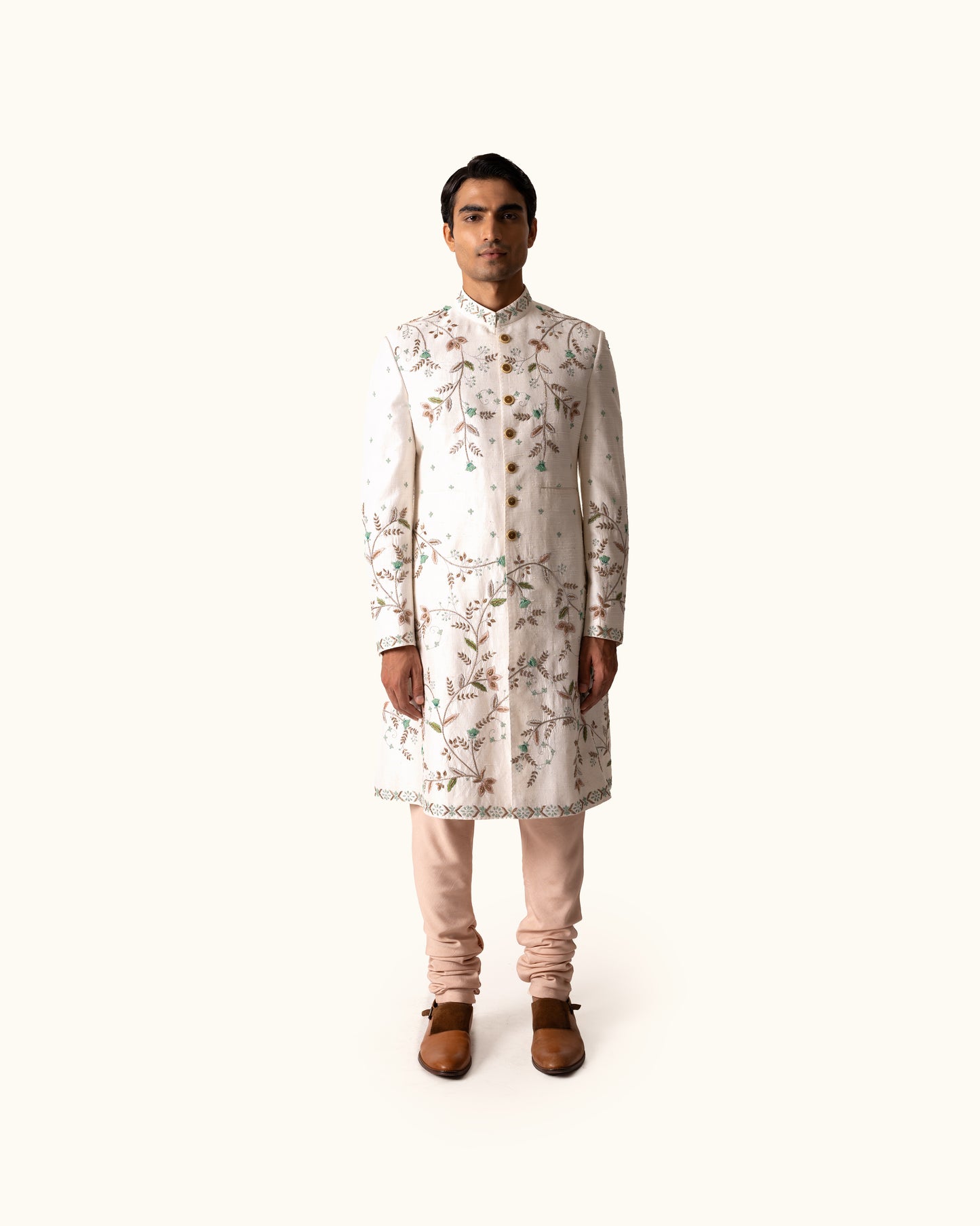 Cream Achkan in Raw Silk