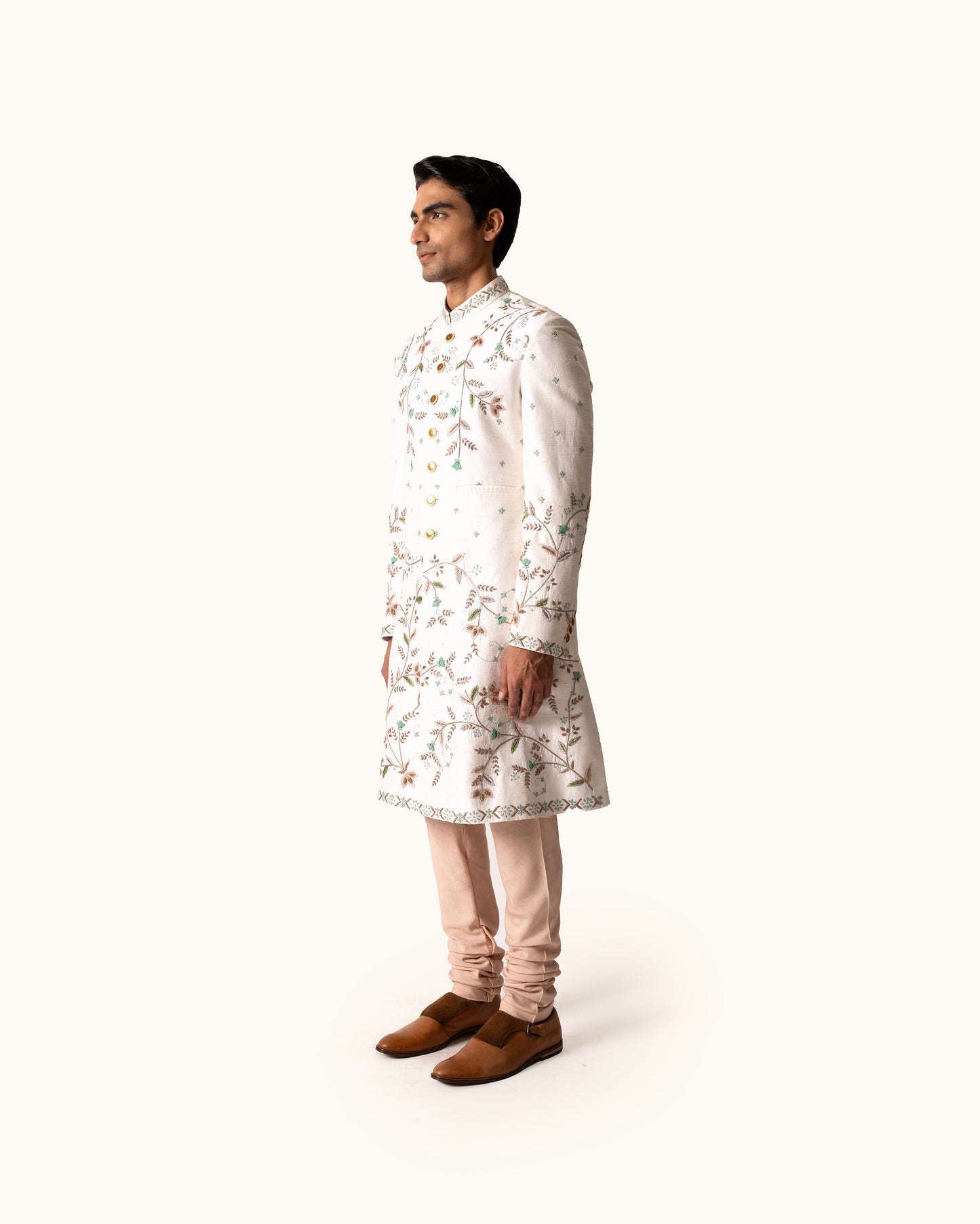 Cream Achkan in Raw Silk