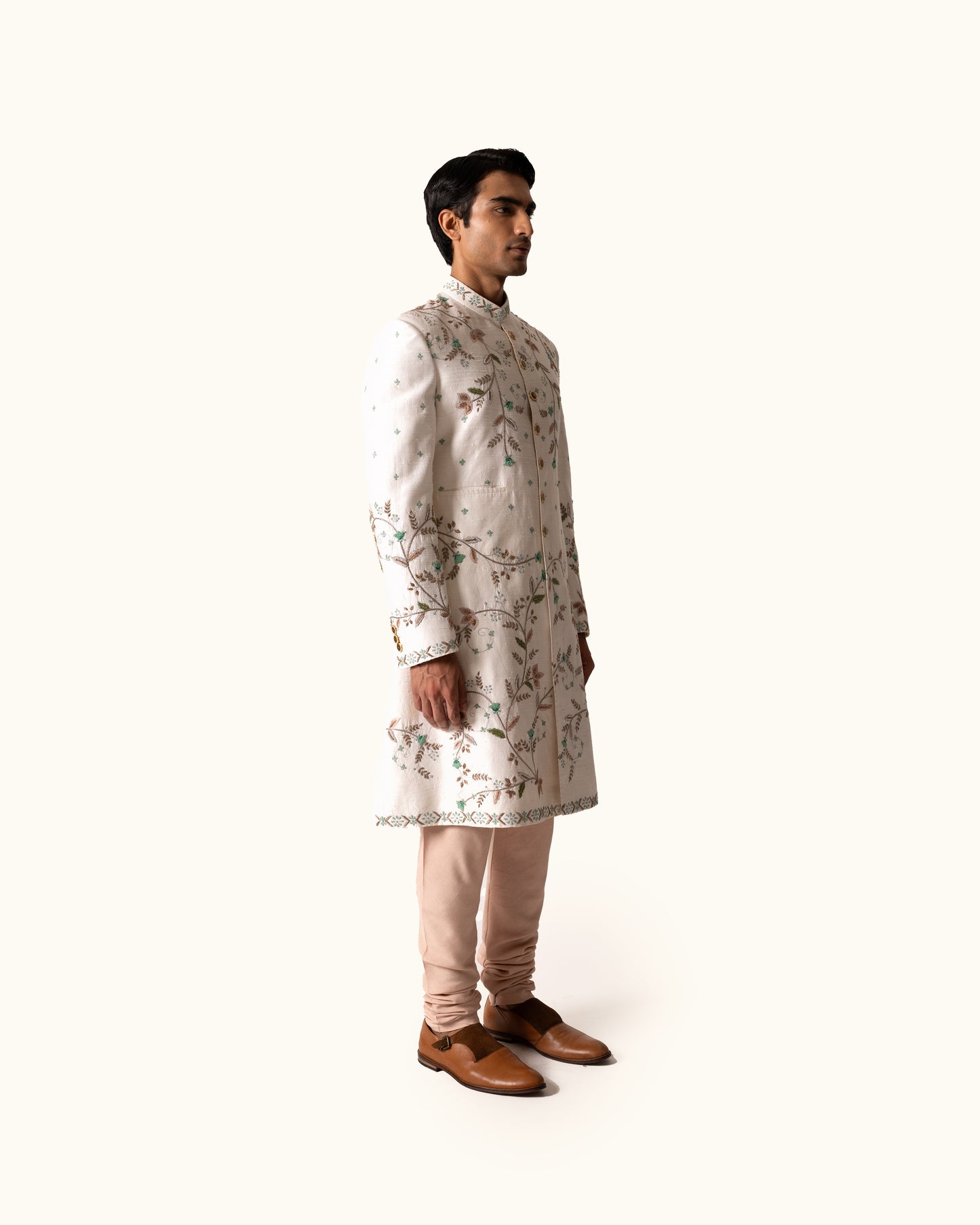 Cream Achkan in Raw Silk