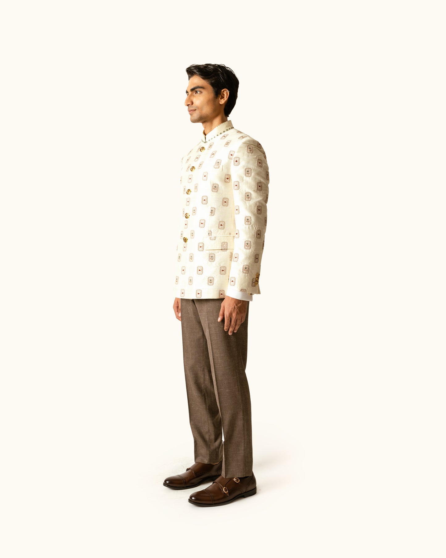 Cream Tonal Bandhgala in Raw Silk