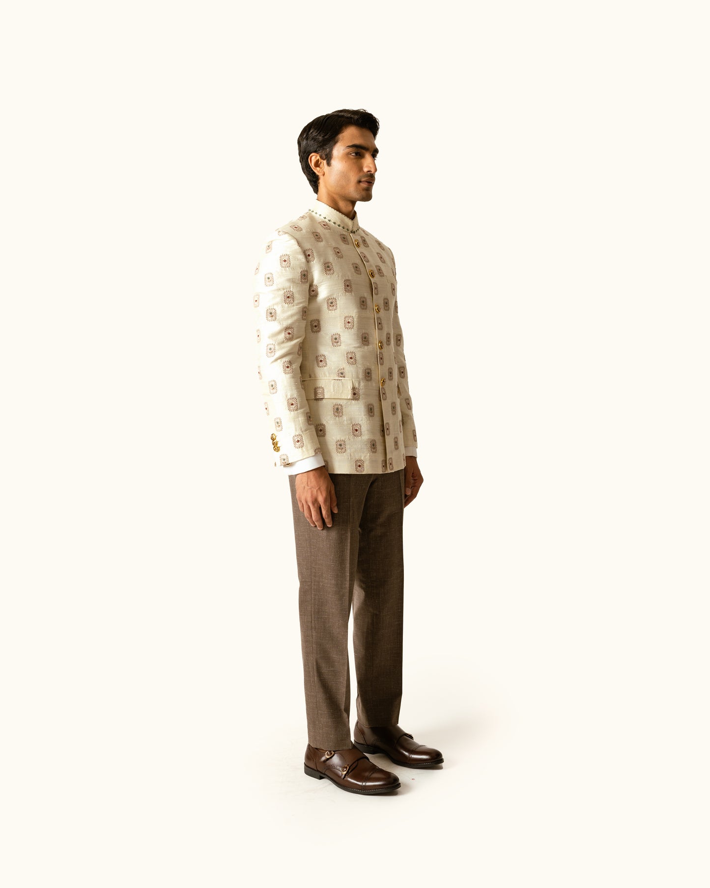 Cream Tonal Bandhgala in Raw Silk