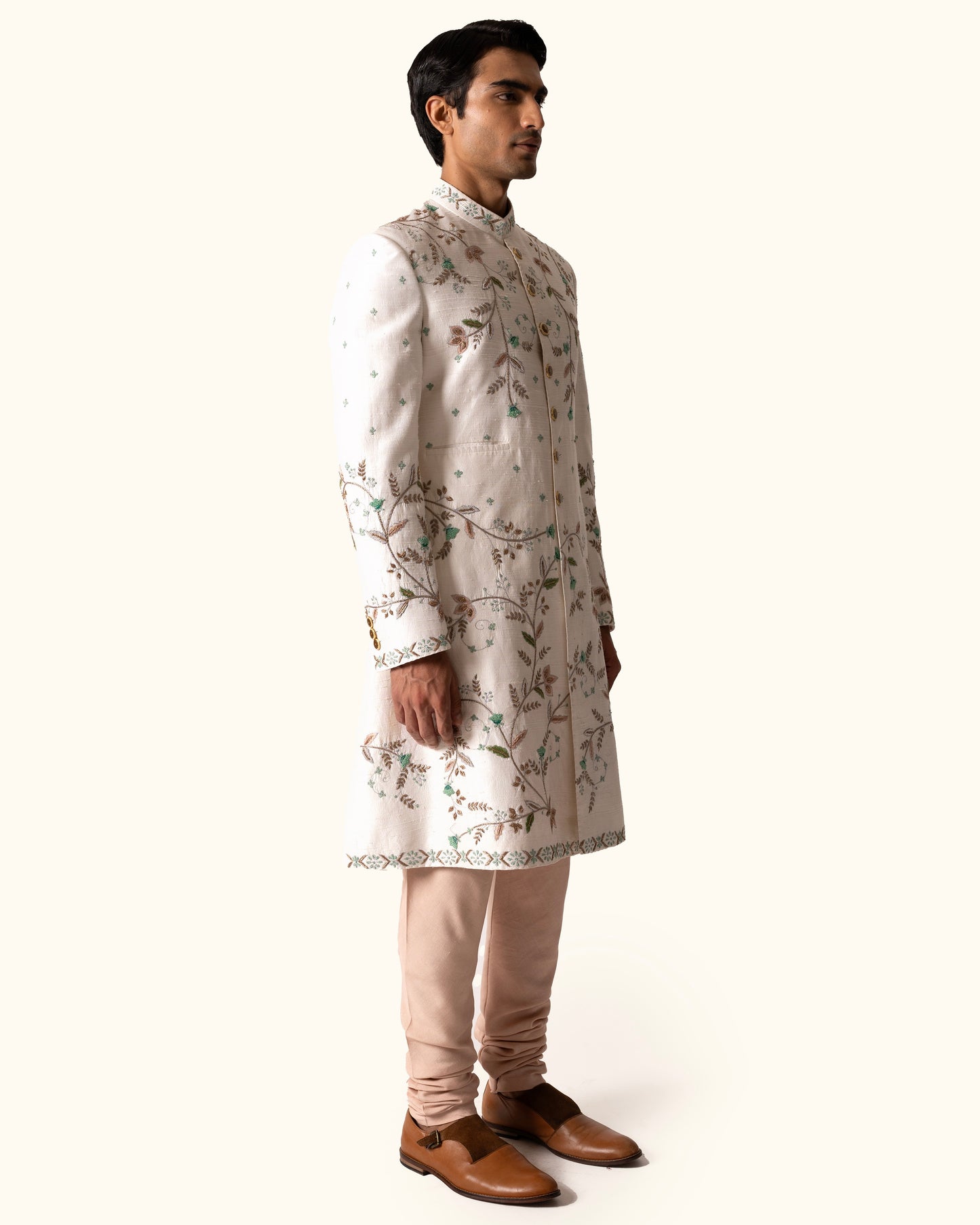 Cream Achkan in Raw Silk