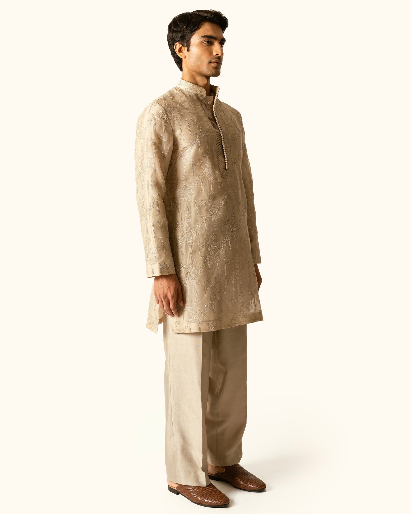 Champagne Embroidered Kurta Set in Silk Organza