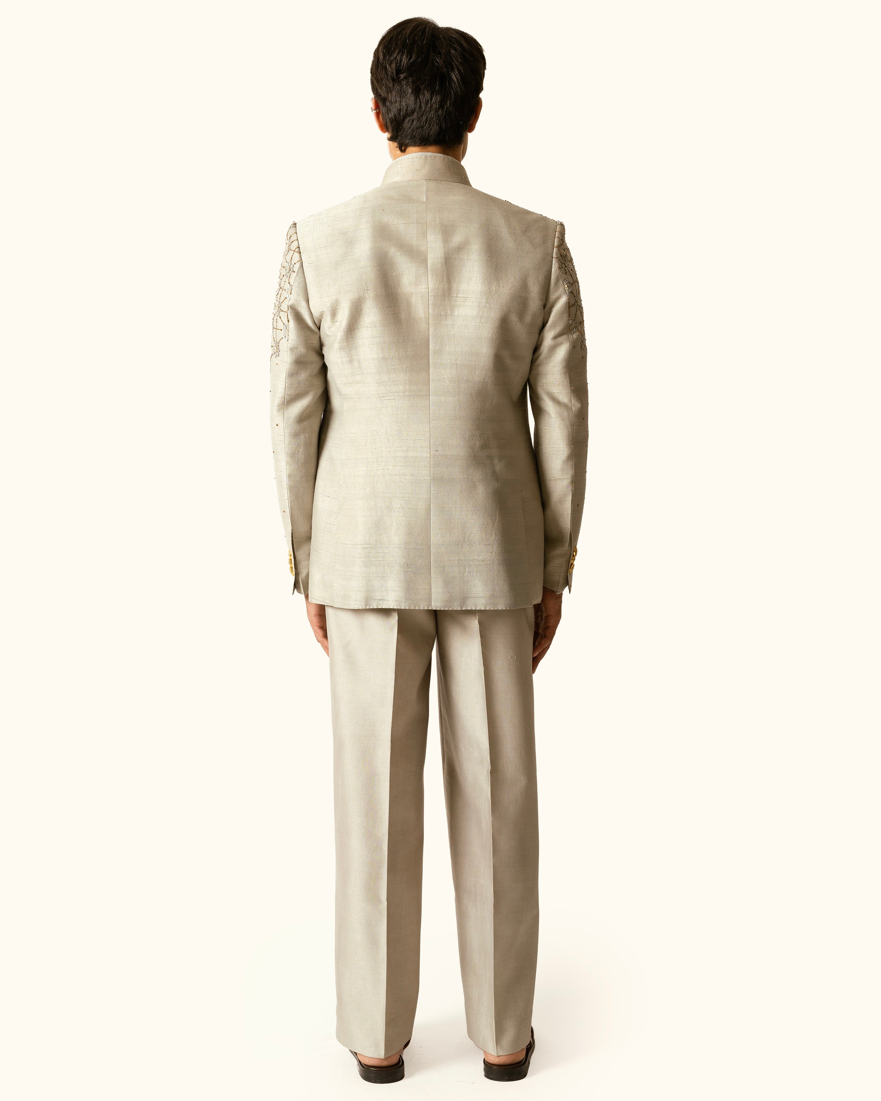 Shadow Gray Embroidered Open Bandhagala in Raw Silk