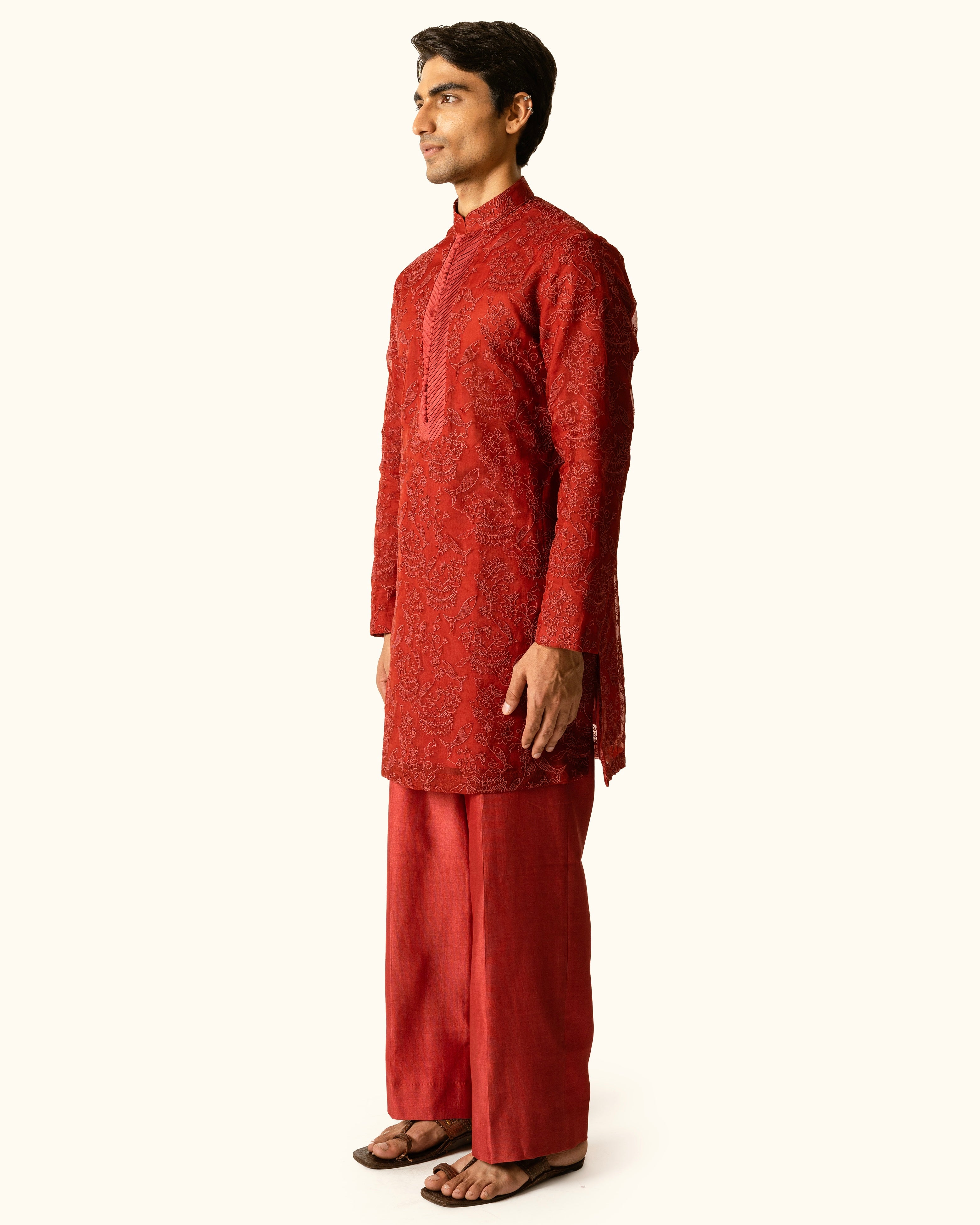 Red Embroidered Kurta Set in Silk Organza