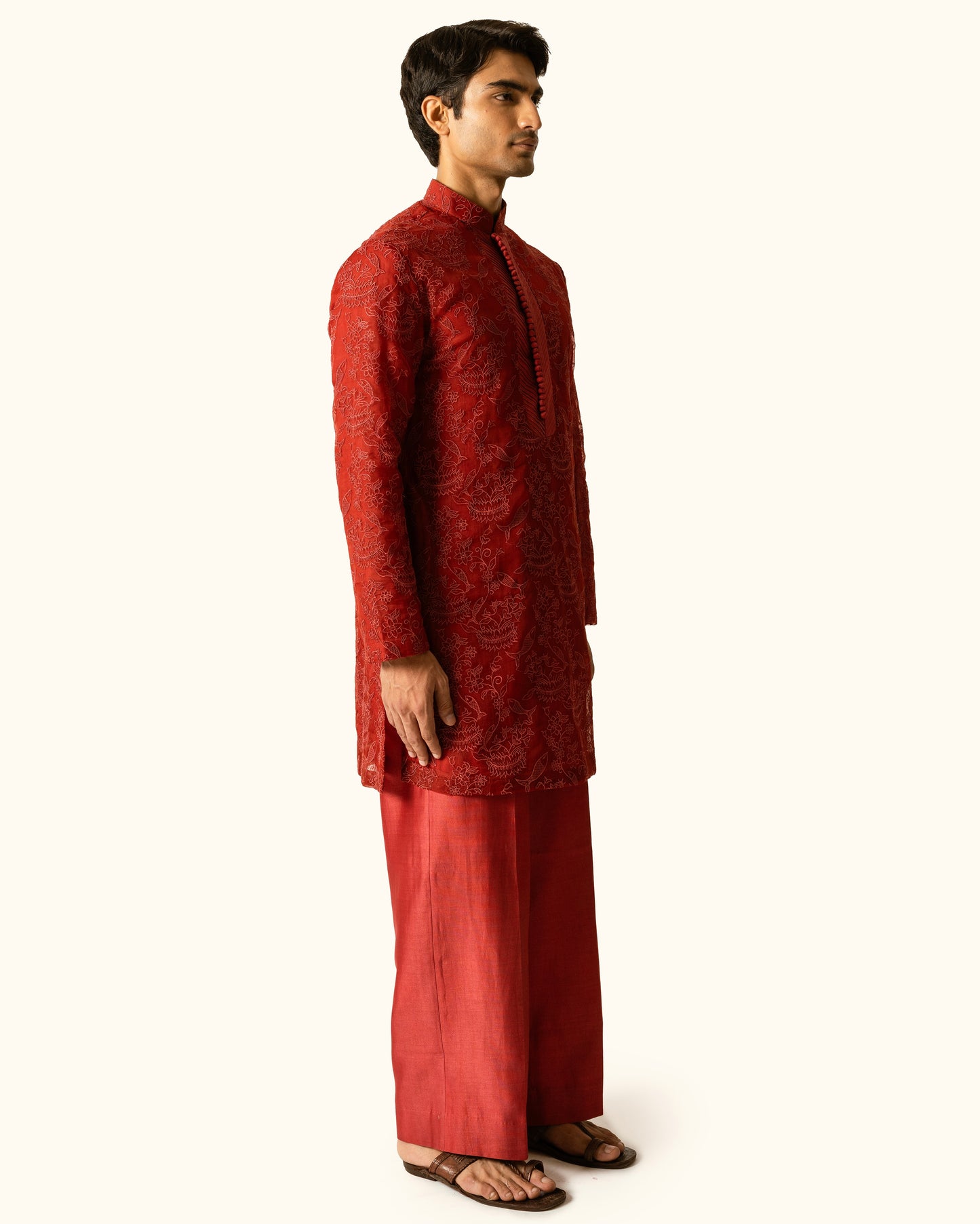 Red Embroidered Kurta Set in Silk Organza