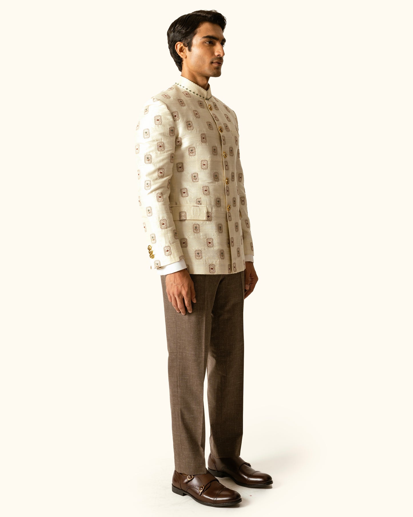 Cream Tonal Bandhgala in Raw Silk