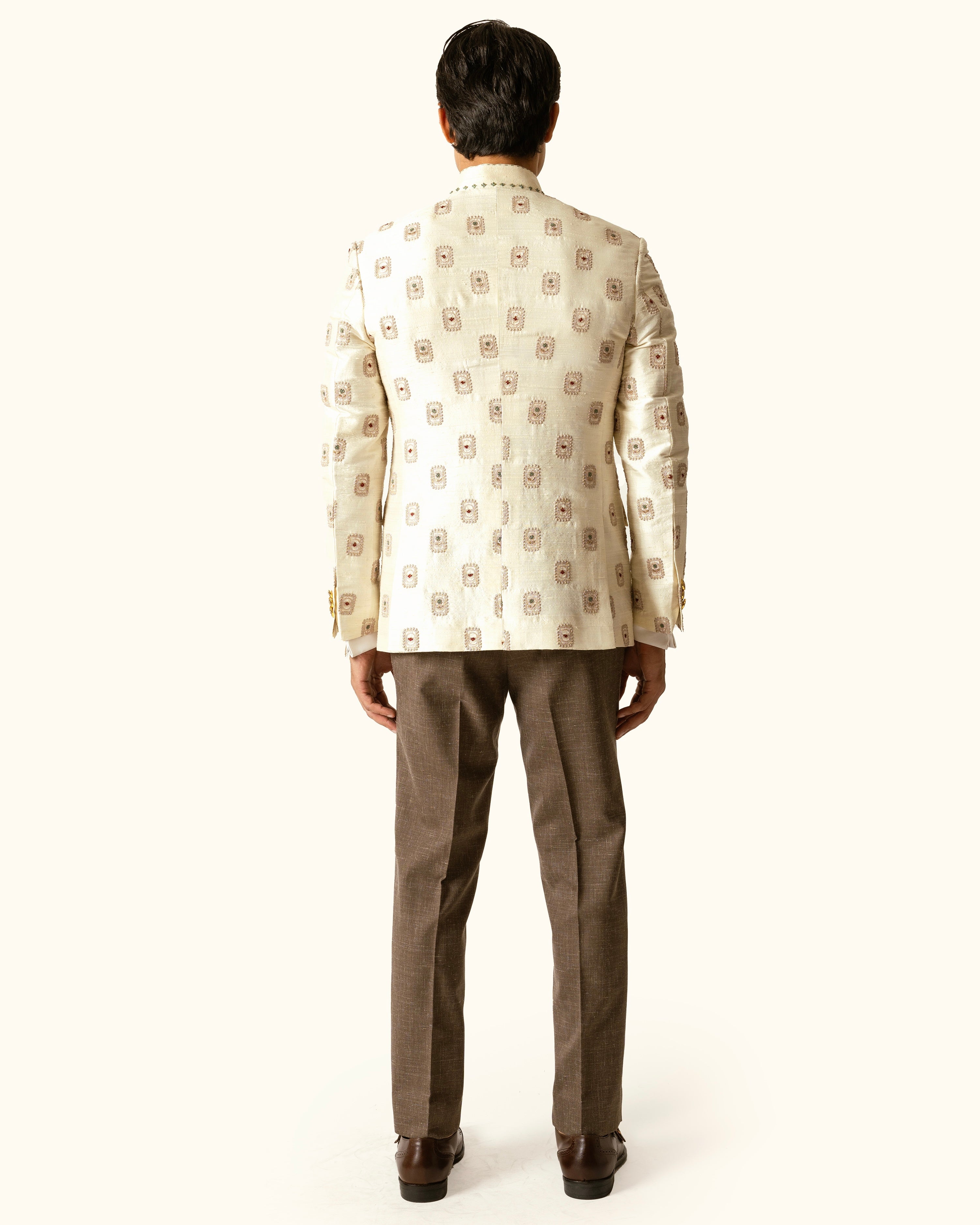 Cream Tonal Bandhgala in Raw Silk