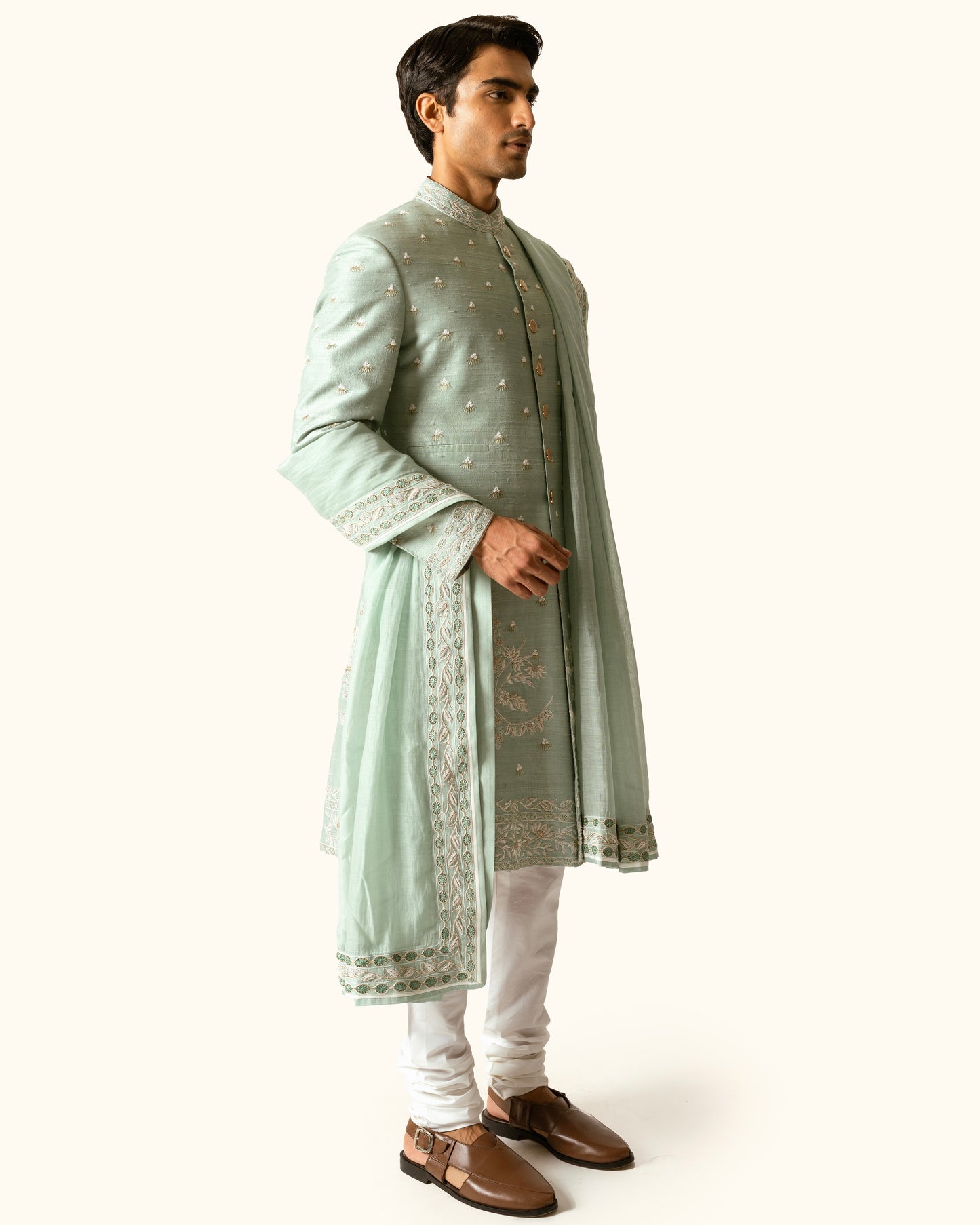 Sage Green Floral Achkan in Raw Silk