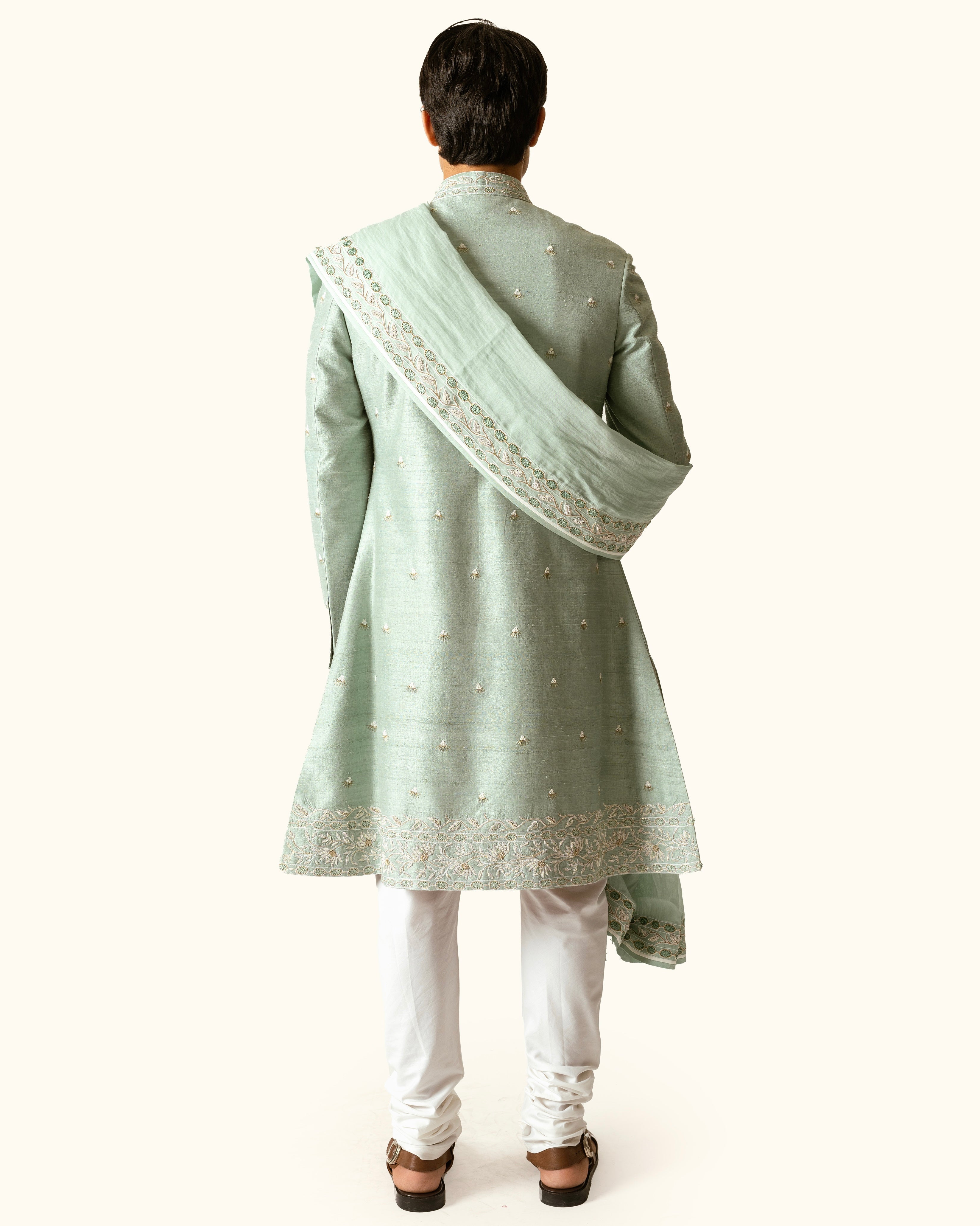 Sage Green Floral Achkan in Raw Silk