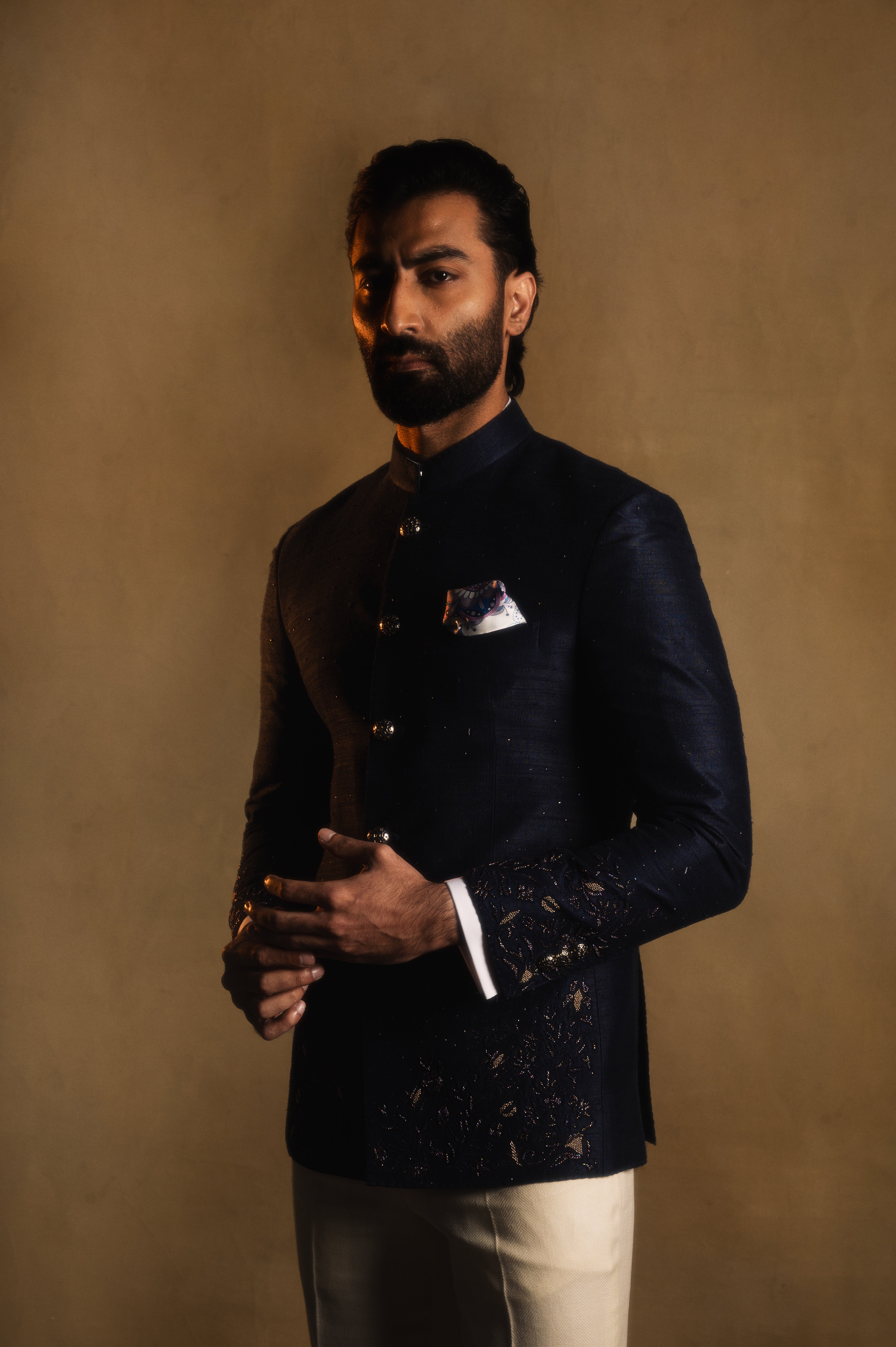 Floral Bandhgala in Midnight Blue