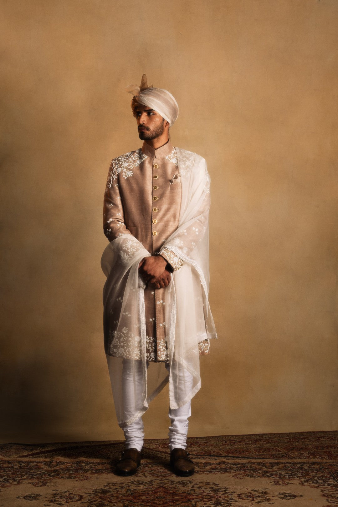 Champagne Gold Embroidered Achkan in Raw Silk