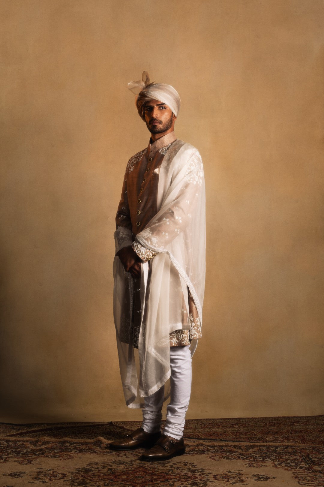 Champagne Gold Embroidered Achkan in Raw Silk