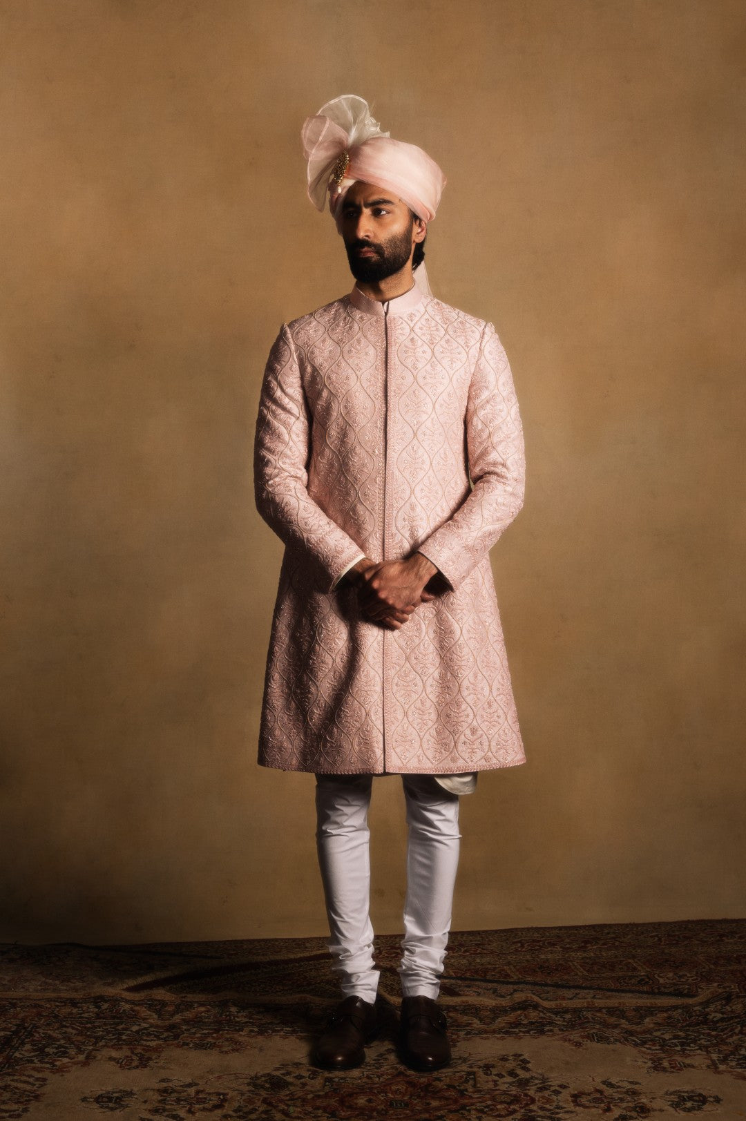 Rose Quartz Embroidered Achkan in Raw Silk