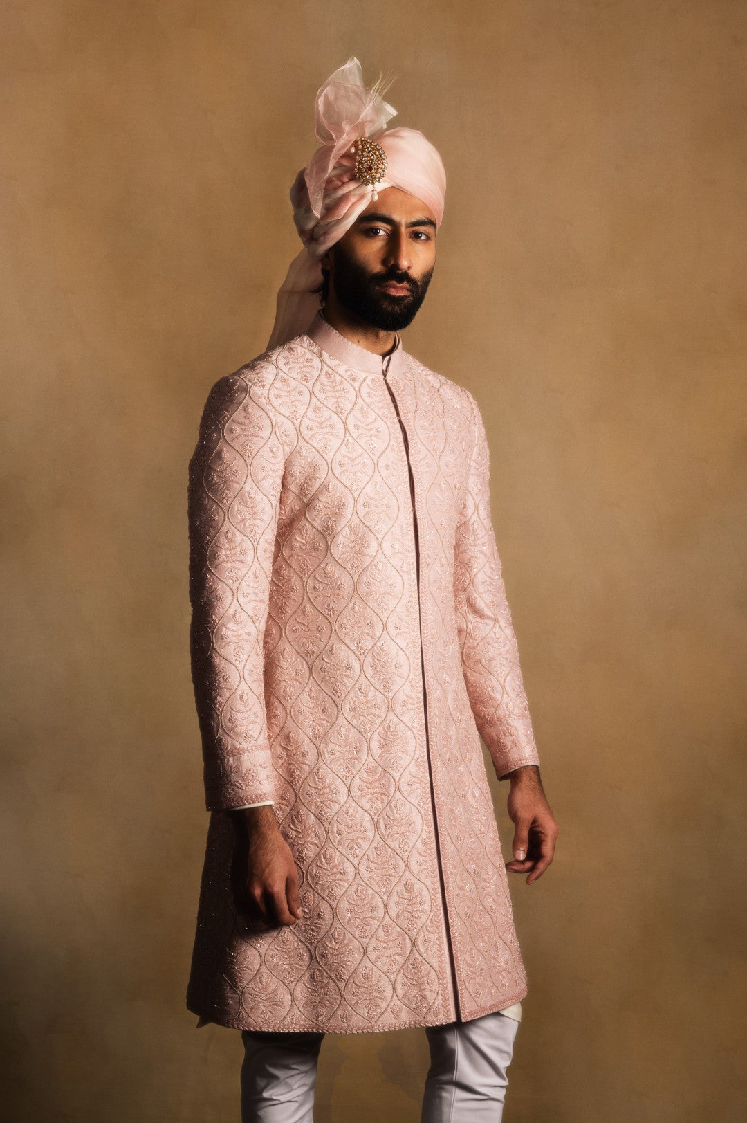 Rose Quartz Embroidered Achkan in Raw Silk