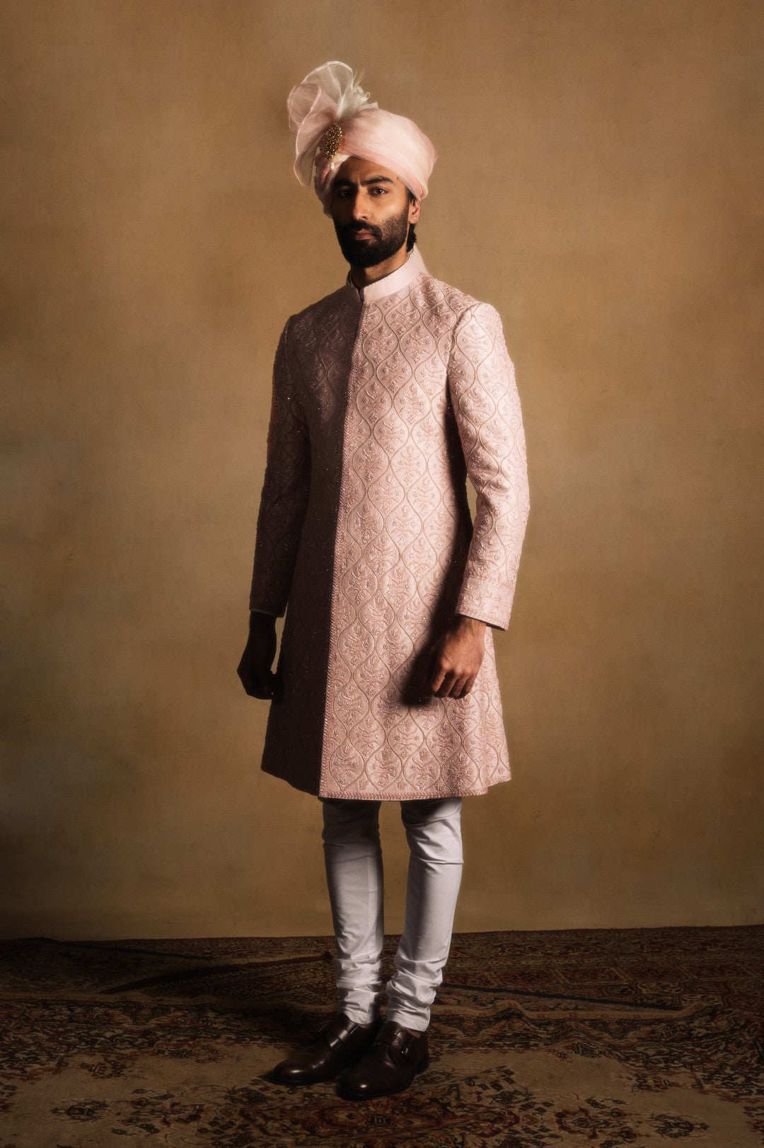 Rose Quartz Embroidered Achkan in Raw Silk