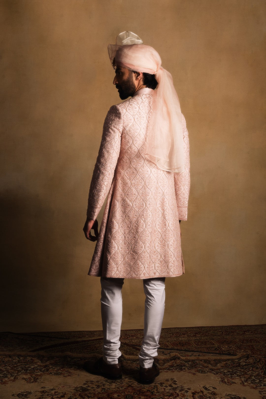 Rose Quartz Embroidered Achkan in Raw Silk