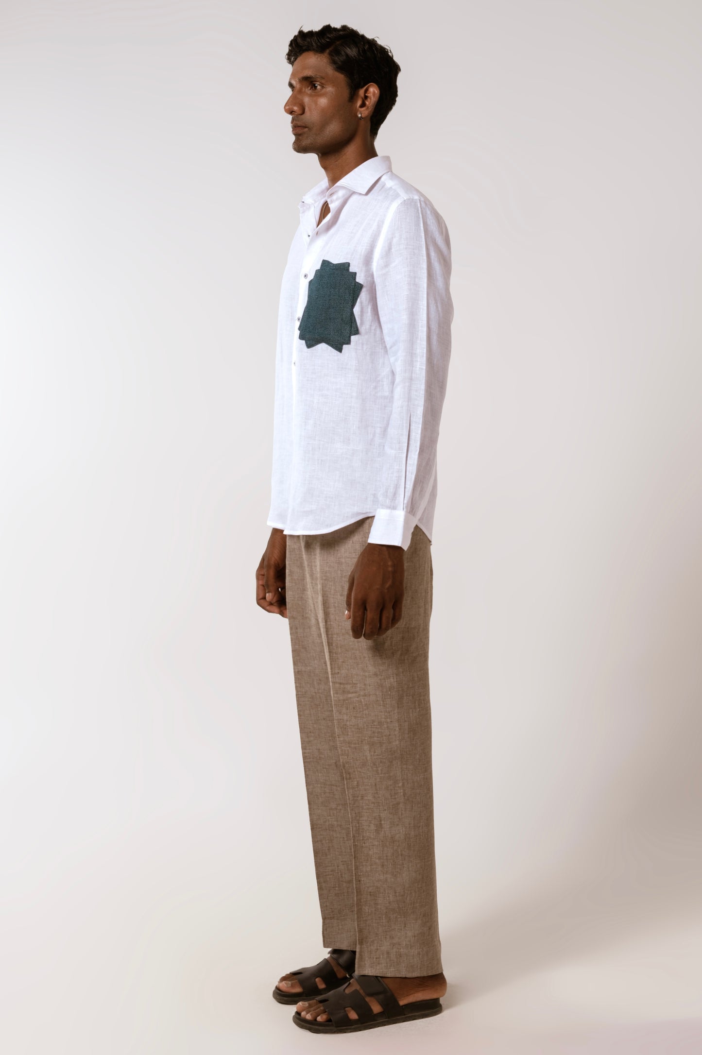 Denim Patch Linen Shirt In White