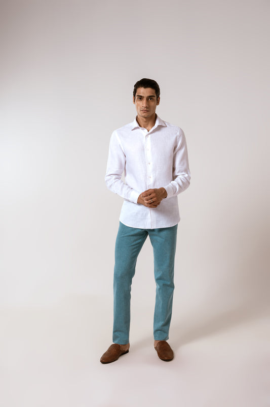 White Linen Shirt with Herringbone Pattern
