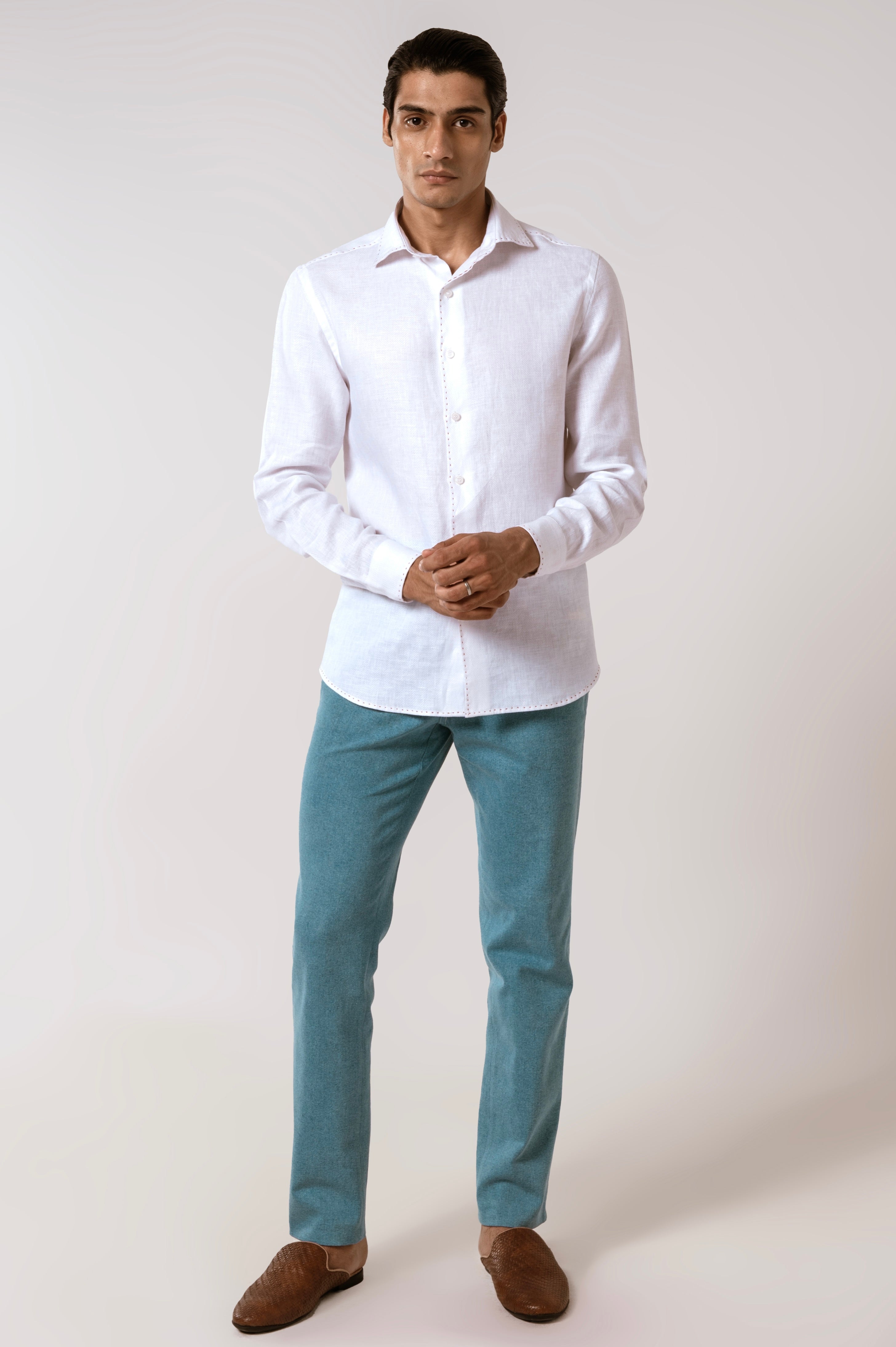 White Linen Shirt with Herringbone Pattern