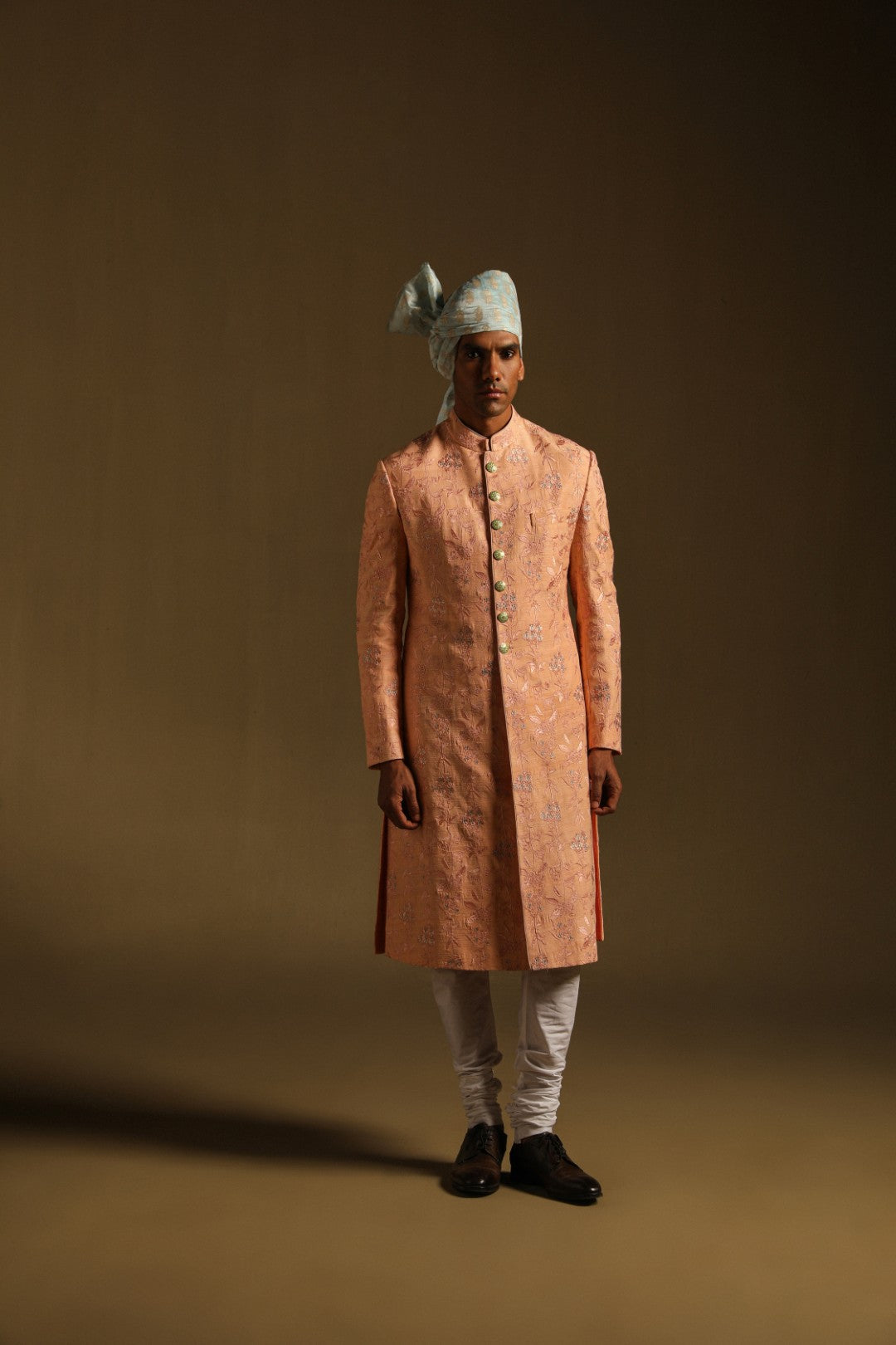 Blush Peach Embroidered Achkan in Mulberry Silk
