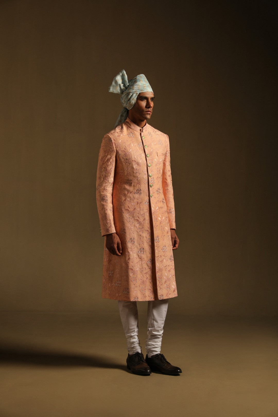 Blush Peach Embroidered Achkan in Mulberry Silk