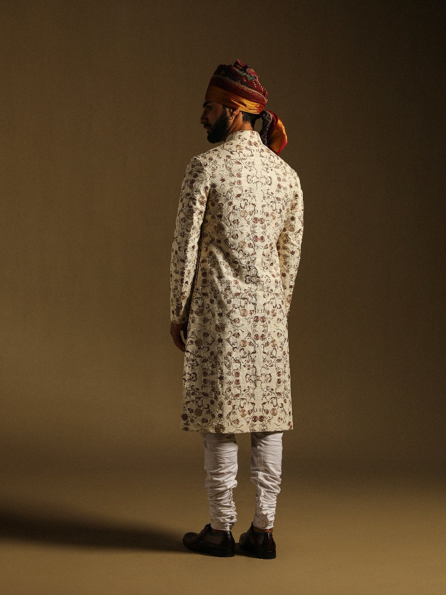 Cream Embroidered Achkan With Zari Work