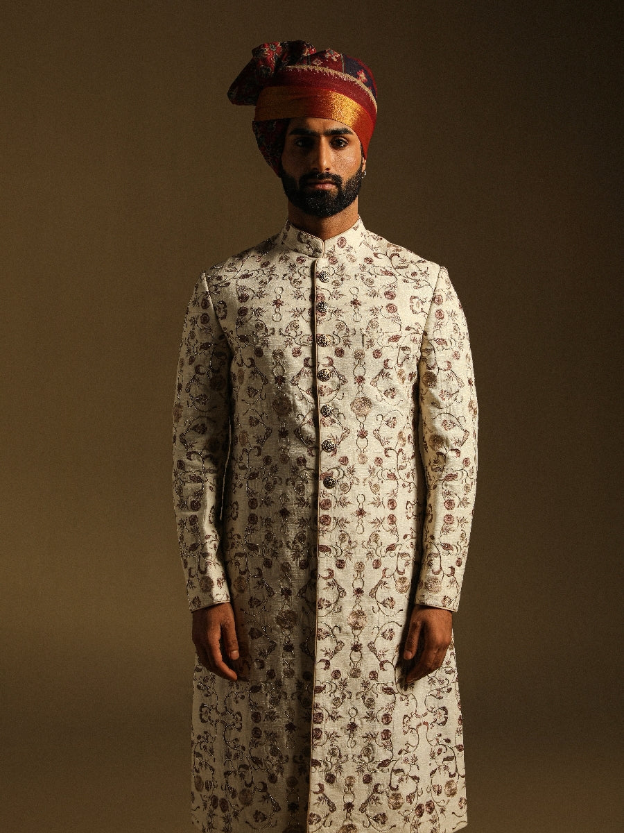 Cream Embroidered Achkan With Zari Work