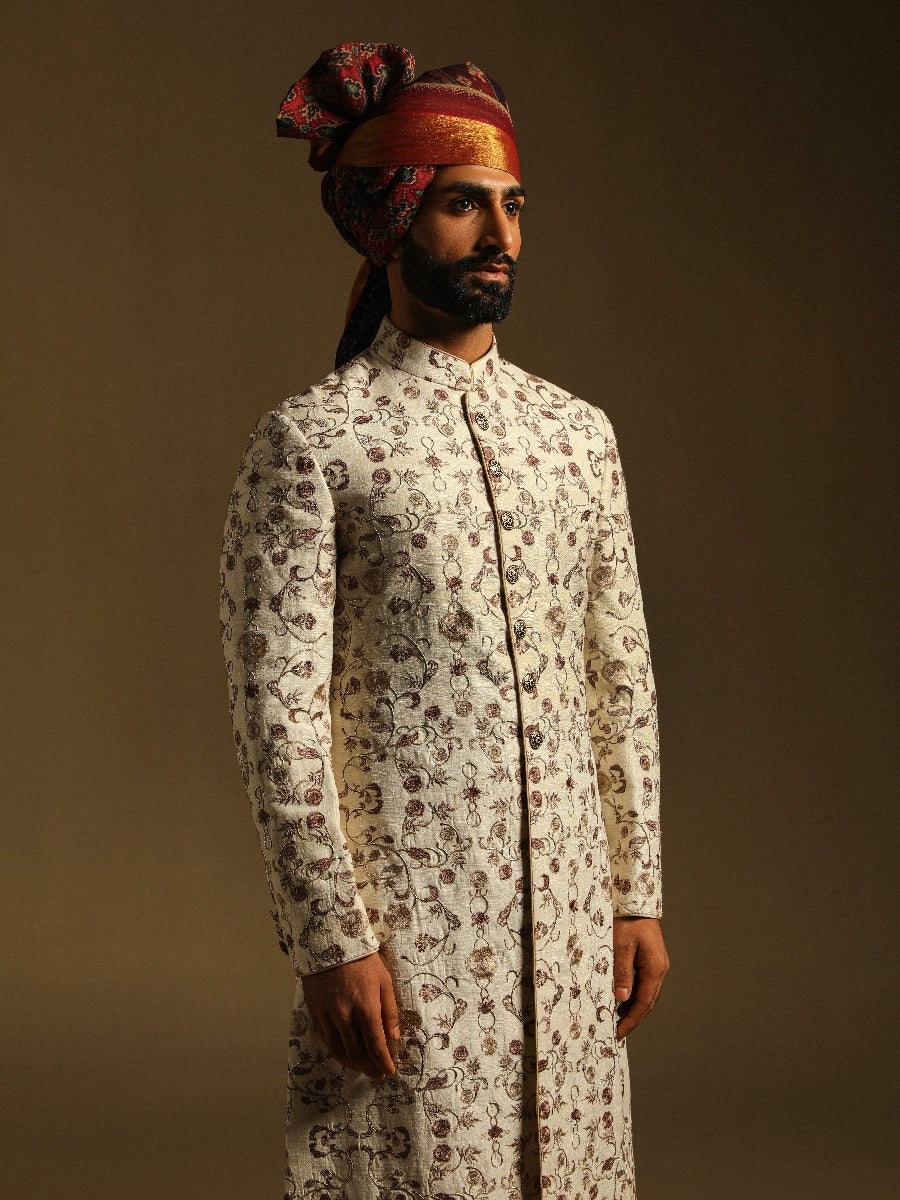 Cream Embroidered Achkan With Zari Work