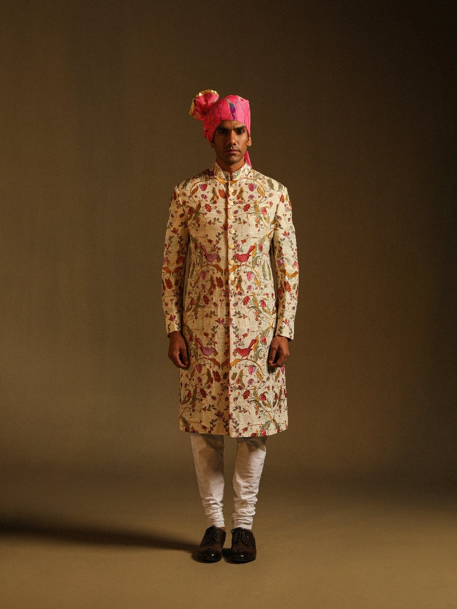 Cream And Pink Emroidered Achkan