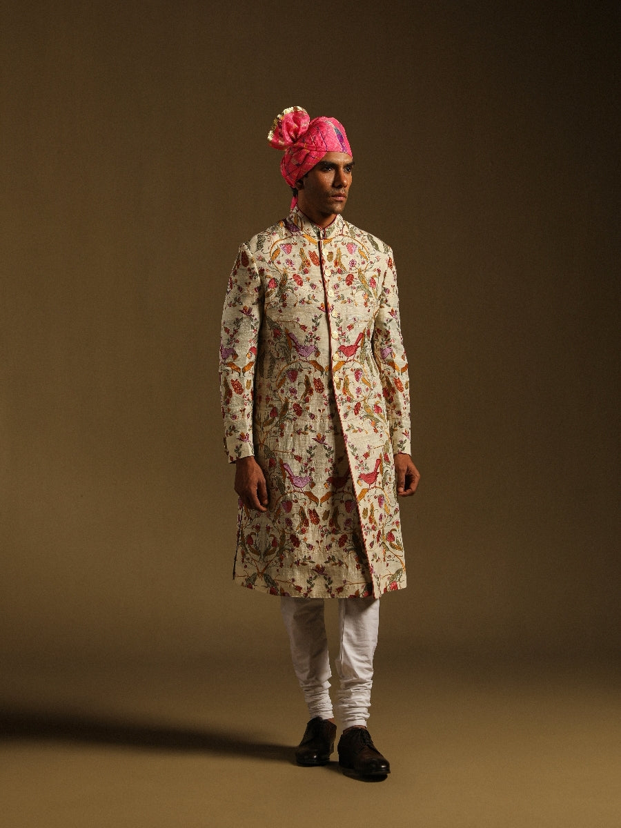 Cream And Pink Emroidered Achkan
