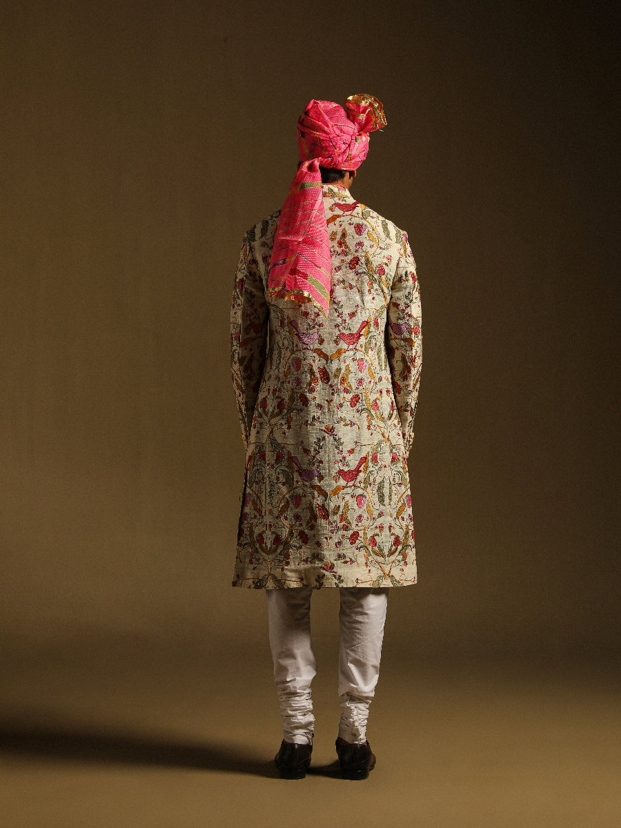 Cream And Pink Emroidered Achkan