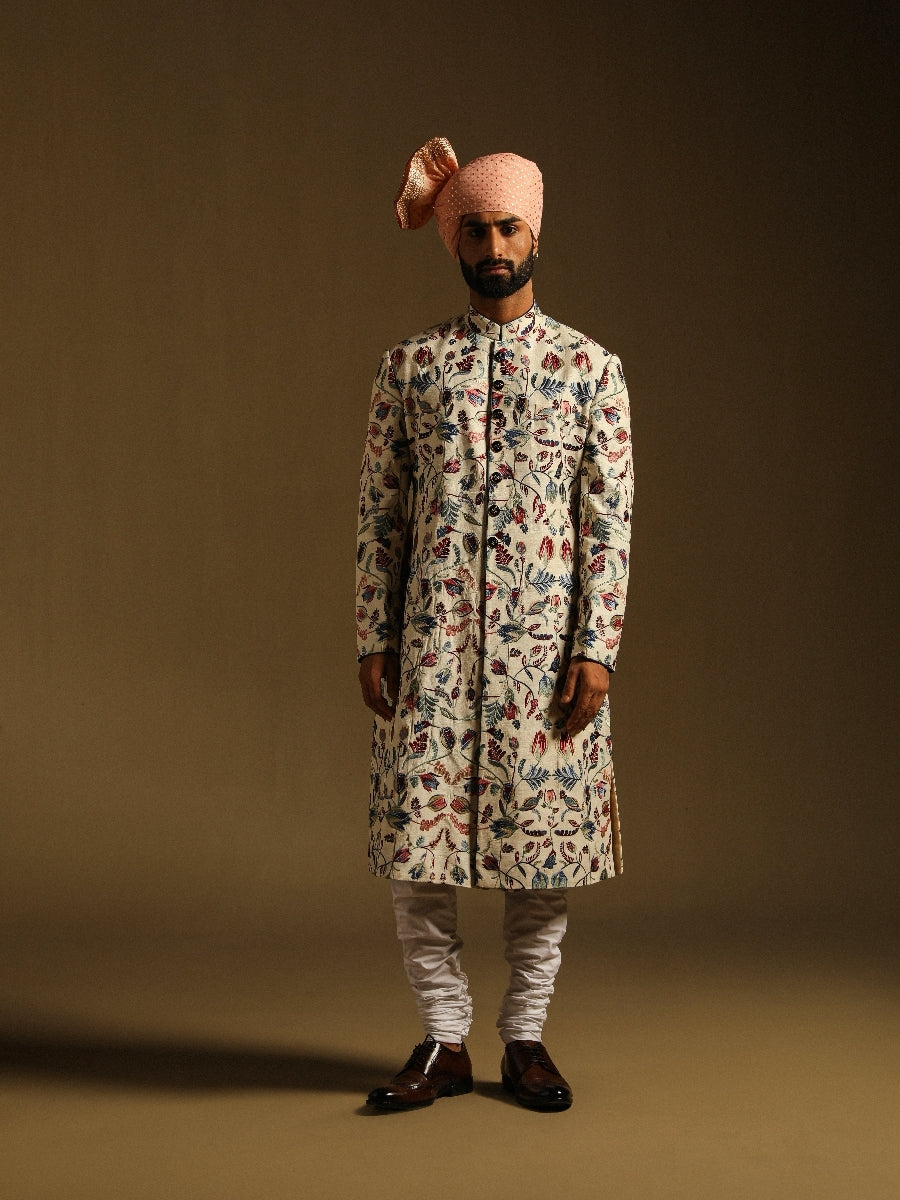 Cream Embroidered Achkan With Floral Motifs in Mulberry Silk