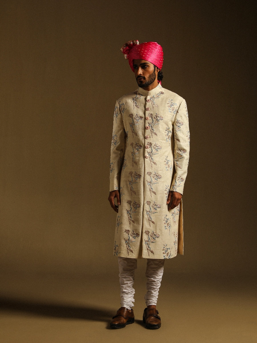 Cream Achkan With Pastel Embroidery