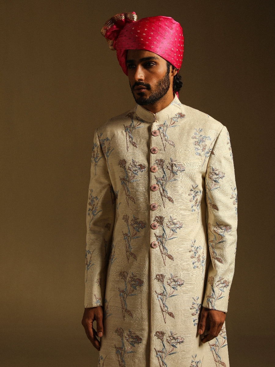 Cream Achkan With Pastel Embroidery