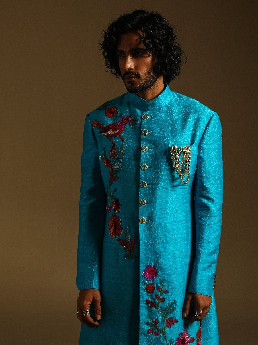 Blue Achkan With Embroidered Motifs