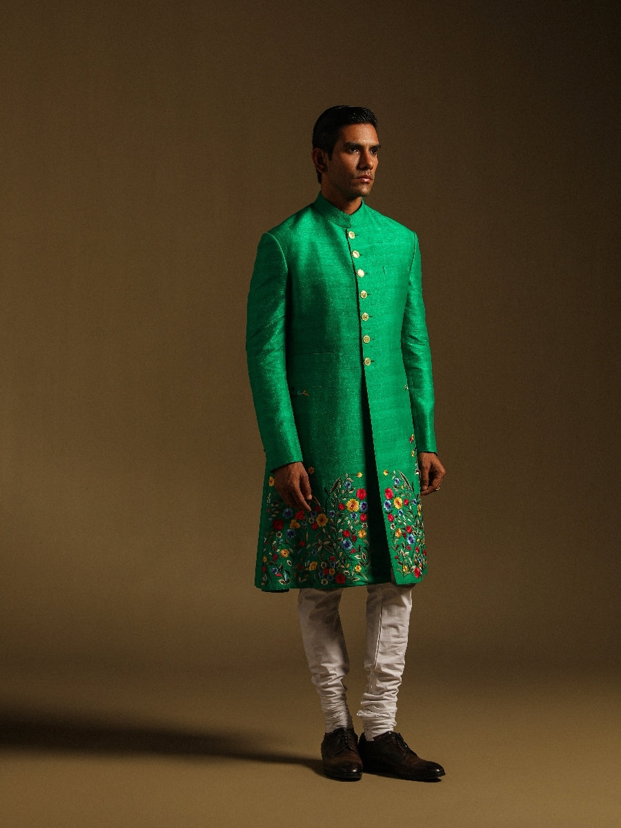 Green Achkan With Floral Motif Embroidery