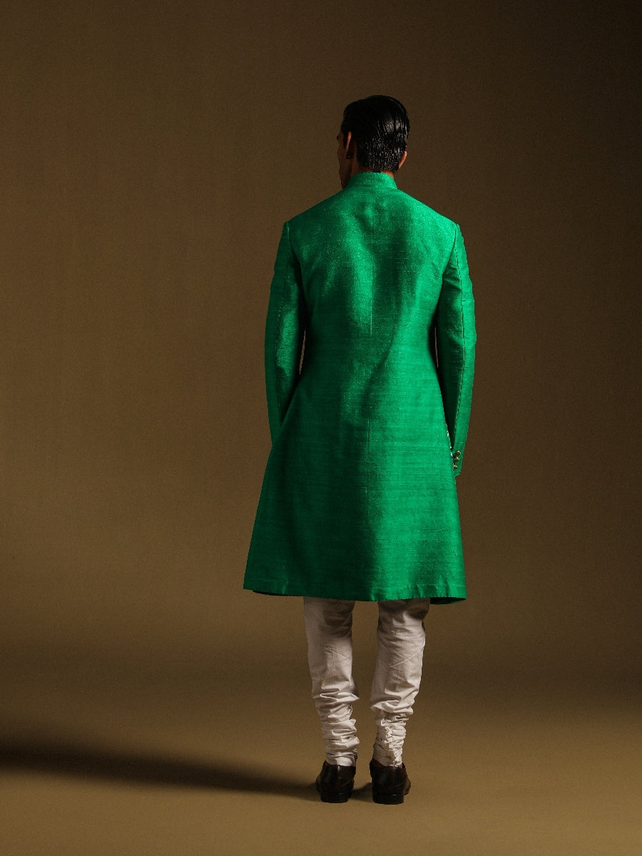 Green Achkan With Floral Motif Embroidery