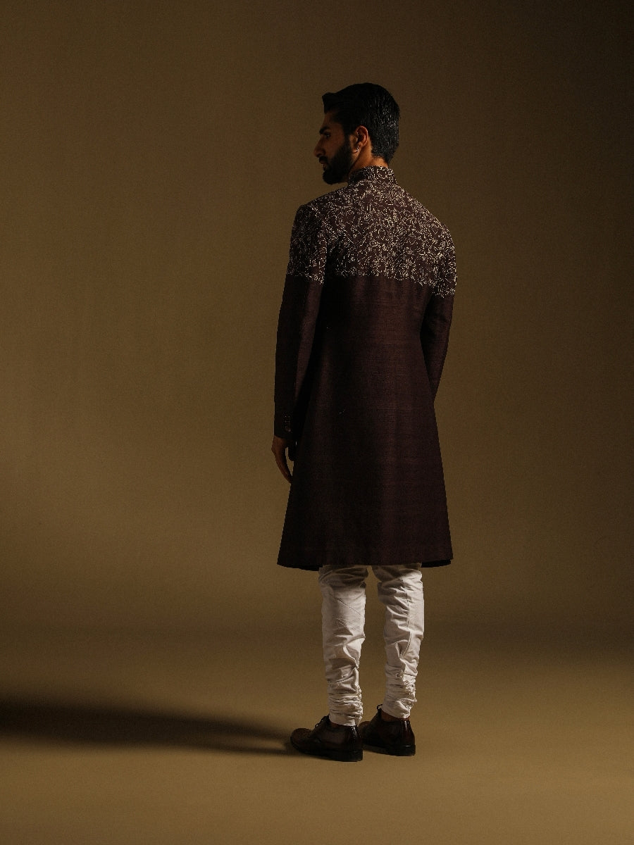 Brown Achkan With Strawberry Motif Emroidery