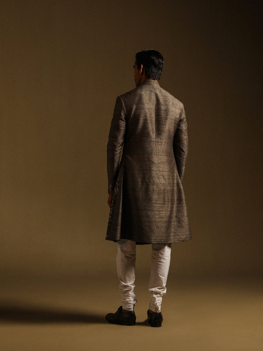 Grey Achkan With Floral Motif Embroidery