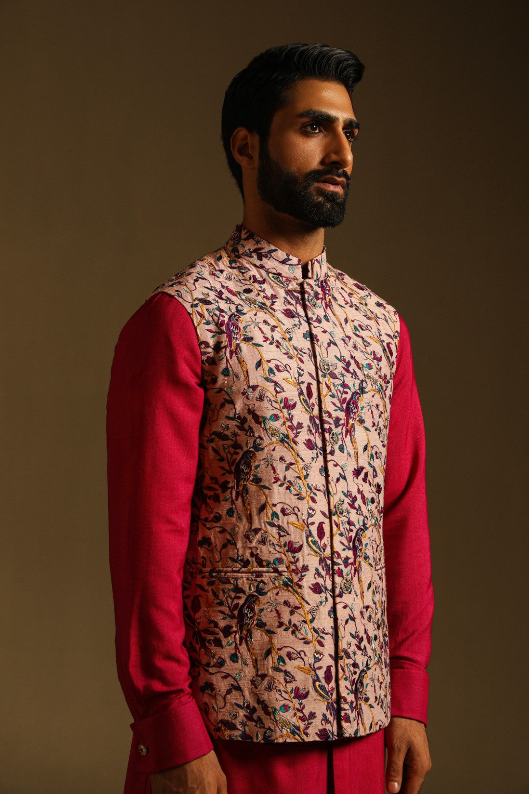 Pink Sadri with Bird Motif Embroidery
