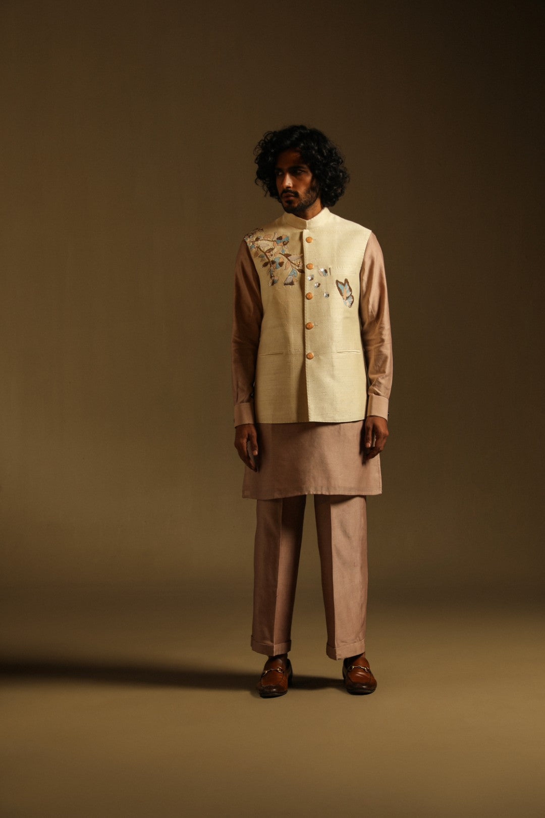 Cream Butterfly Sequined Sadri in Raw Silk