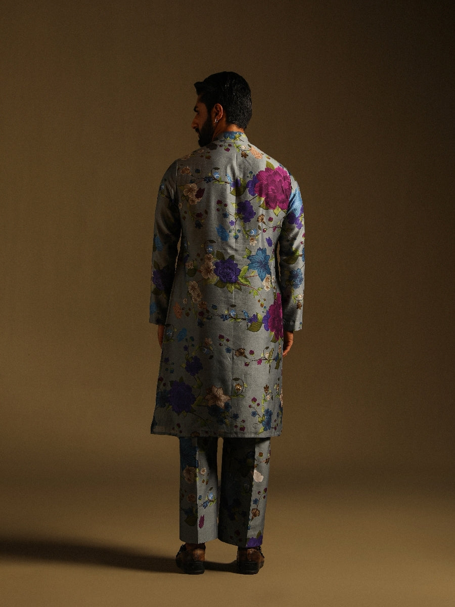 Grey Flower Printed Kurta & Pajama