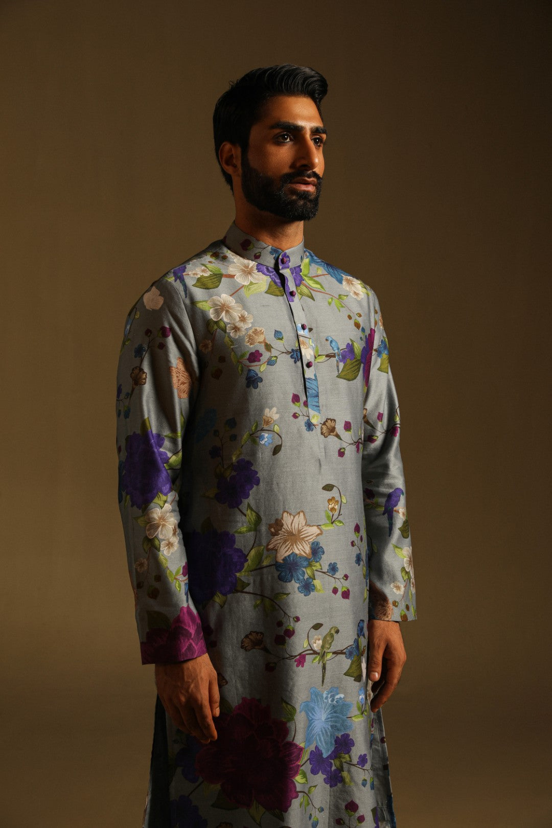 Ash Grey Floral Kurta & Pyjama